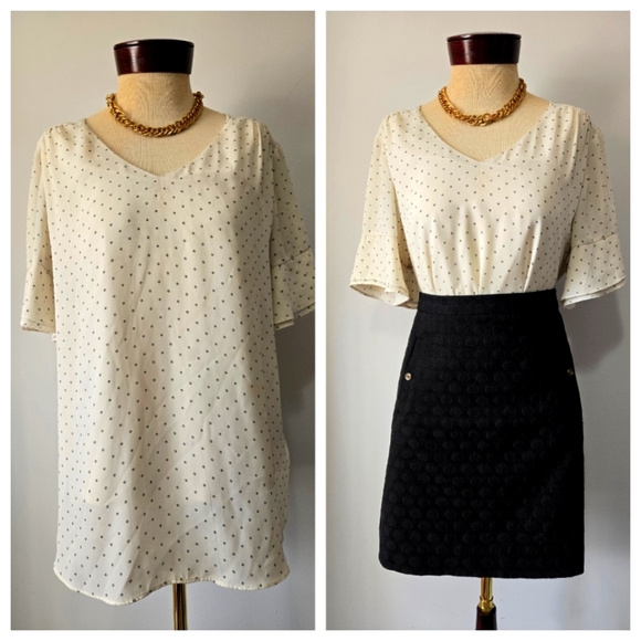 ALFRED SUNG Cream Polka Dot Blouse. Short Bell Sleeves.  Size XL - Picture 1 of 12